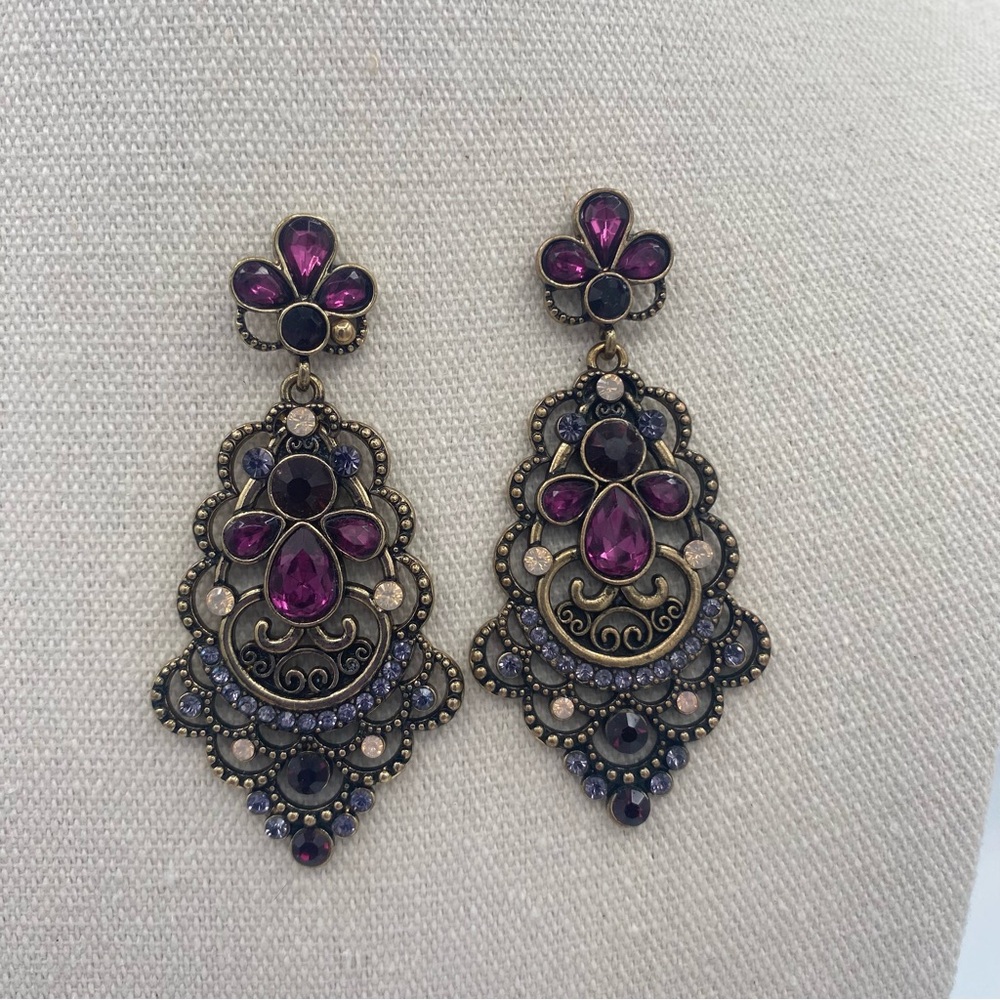 Elegant Purple and Gold Statement Earrings - Picture 2 of 5